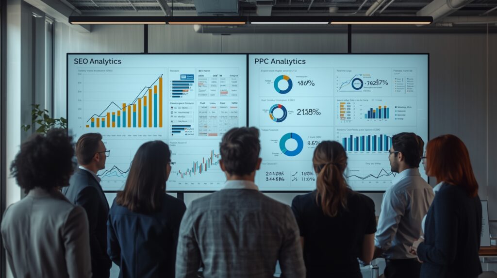 SEO vs PPC: Which Delivers Better ROI? lucid origin realistic photograph of a diverse group of busine 2